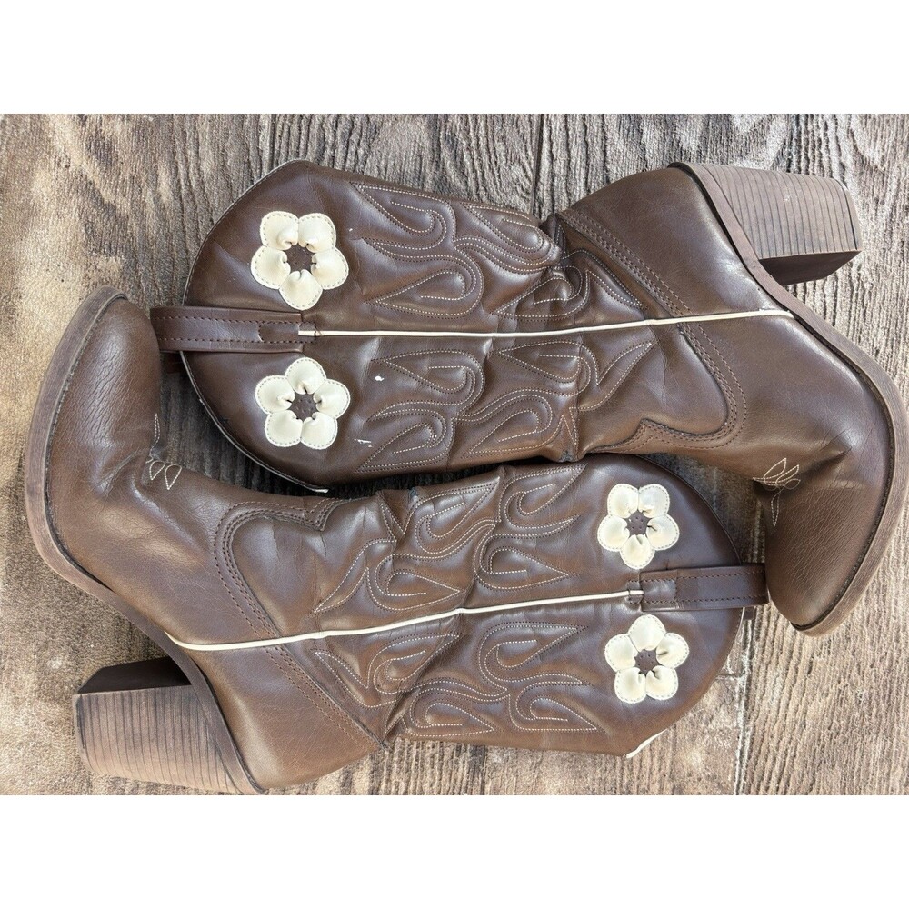 Vintage Candies Cowboy Boots Brown Embroidery Daisy Flowers Sz 9 Cute Y2K